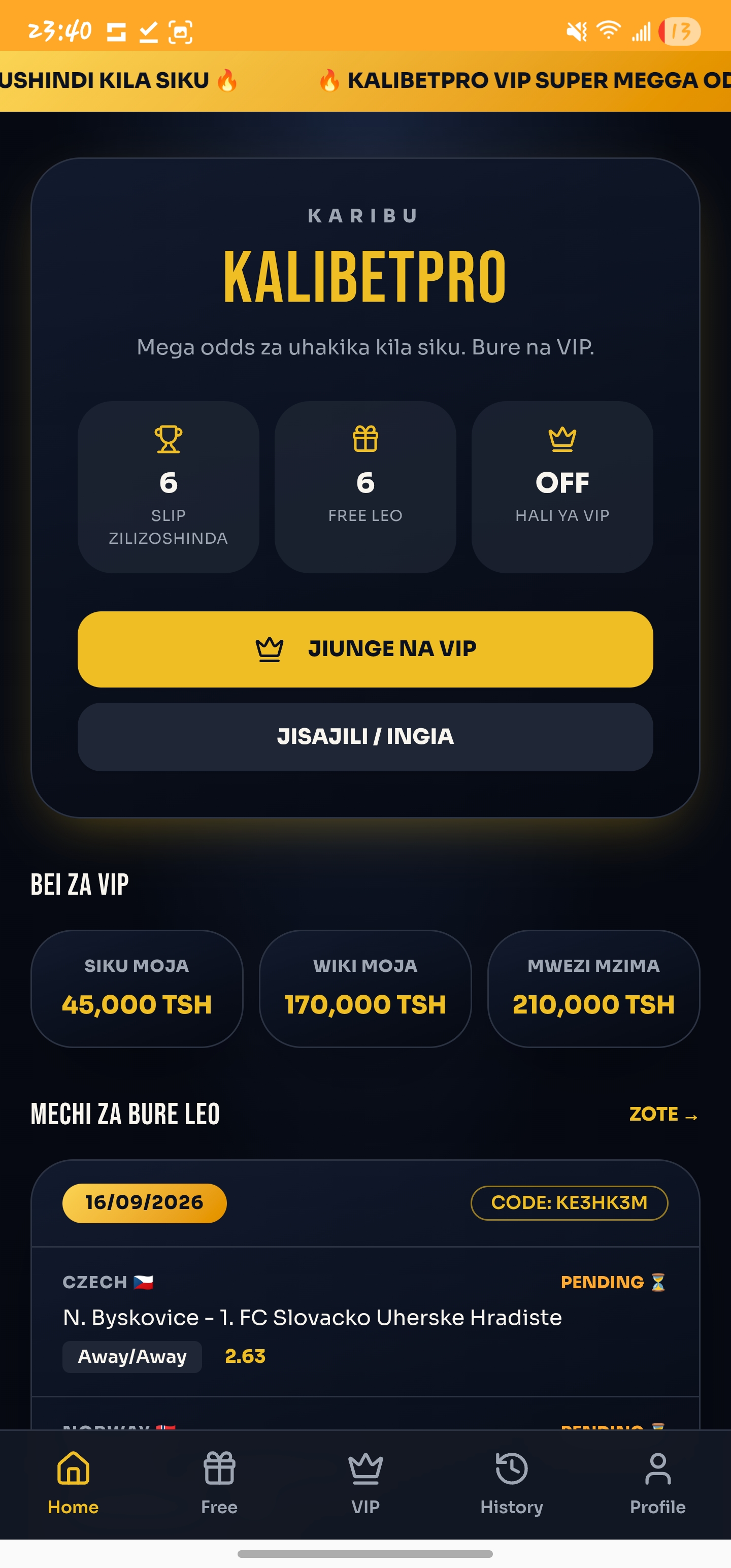 KALIBETPRO home screen with free games